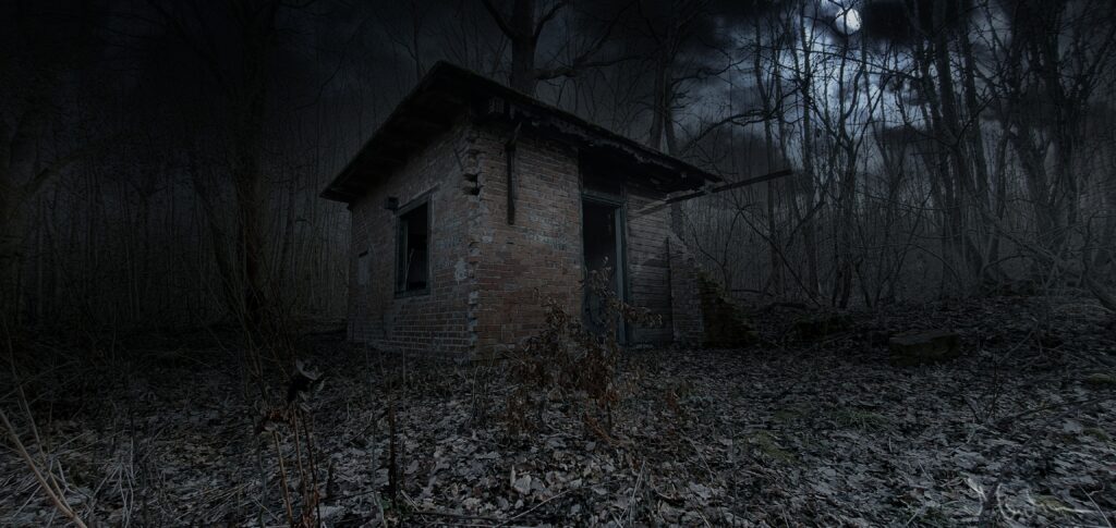 a spooky cabin to represent cozy horror vs traditional horror